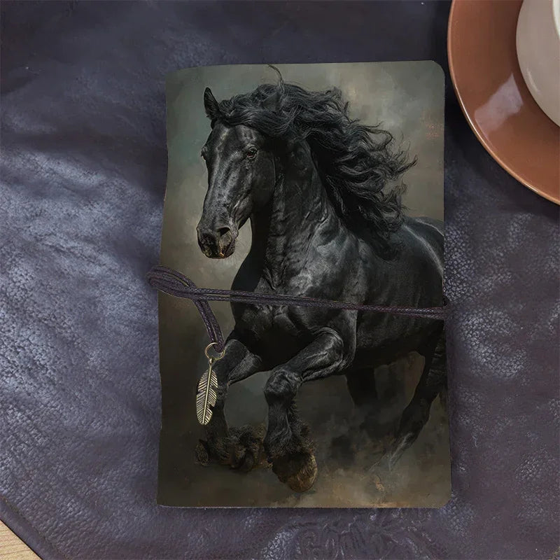 Vintage Leather Notebook 80 Sheets/ 160 Pages Corporate Gift for Staff Ideal for Daily Work Log Client Meeting Notes and Registration with Black Horse with Flowing Mane Pattern