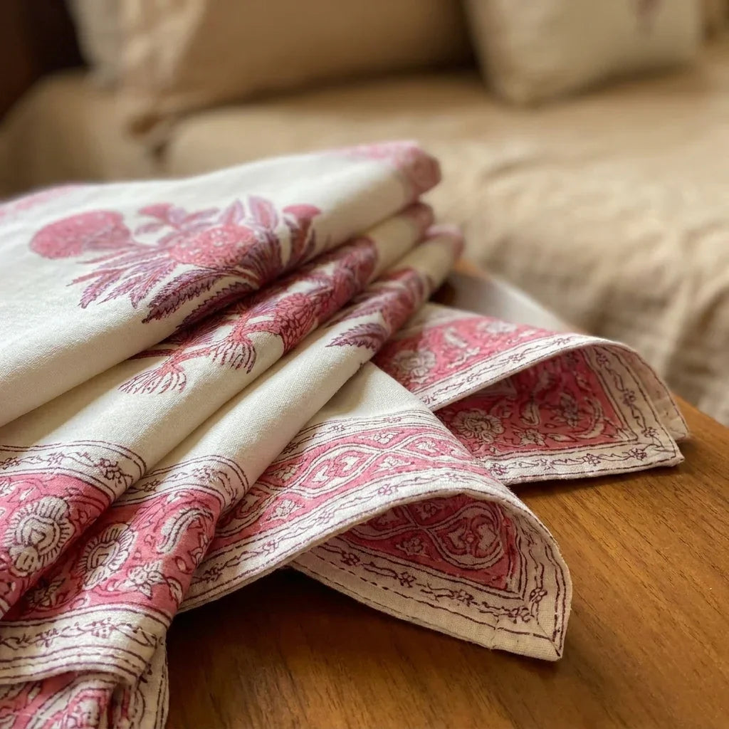 Vintage Magenta & Cream Jaipur hand block printed cotton napkins set of 6 | handmade Jaipur handicraft table runners table mats napkins hand block India natural colors aesthetics | House of Avana