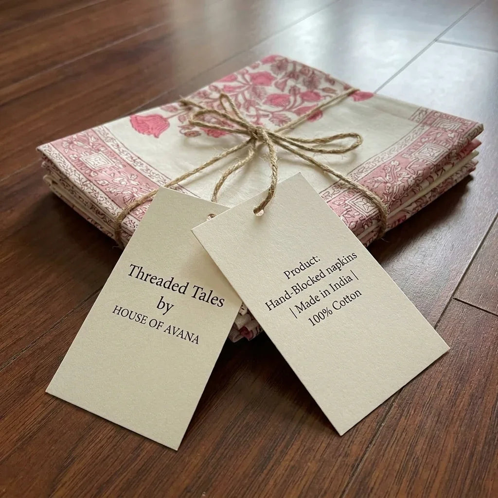 Vintage Magenta & Cream handmade cotton napkins folded and stacked | Jaipur handicraft aesthetics handmade table runners napkins table mats India natural colors hand block | House of Avana