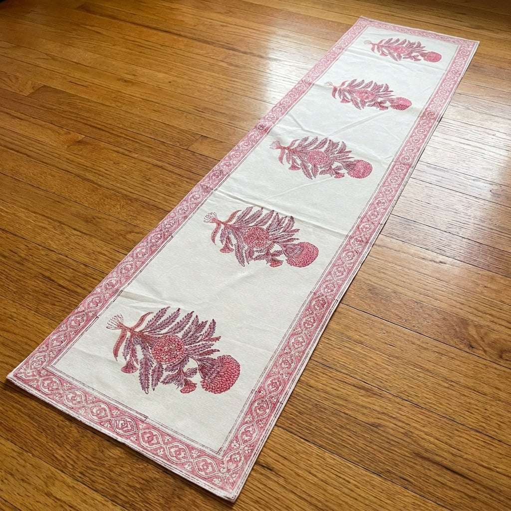 Vintage Magenta & Cream 13-piece table linen set laid flat | handmade Jaipur handicraft table runners table mats napkins hand block India natural colors aesthetics | House of Avana [[SKU:HOA-TR-VMCR-010]]