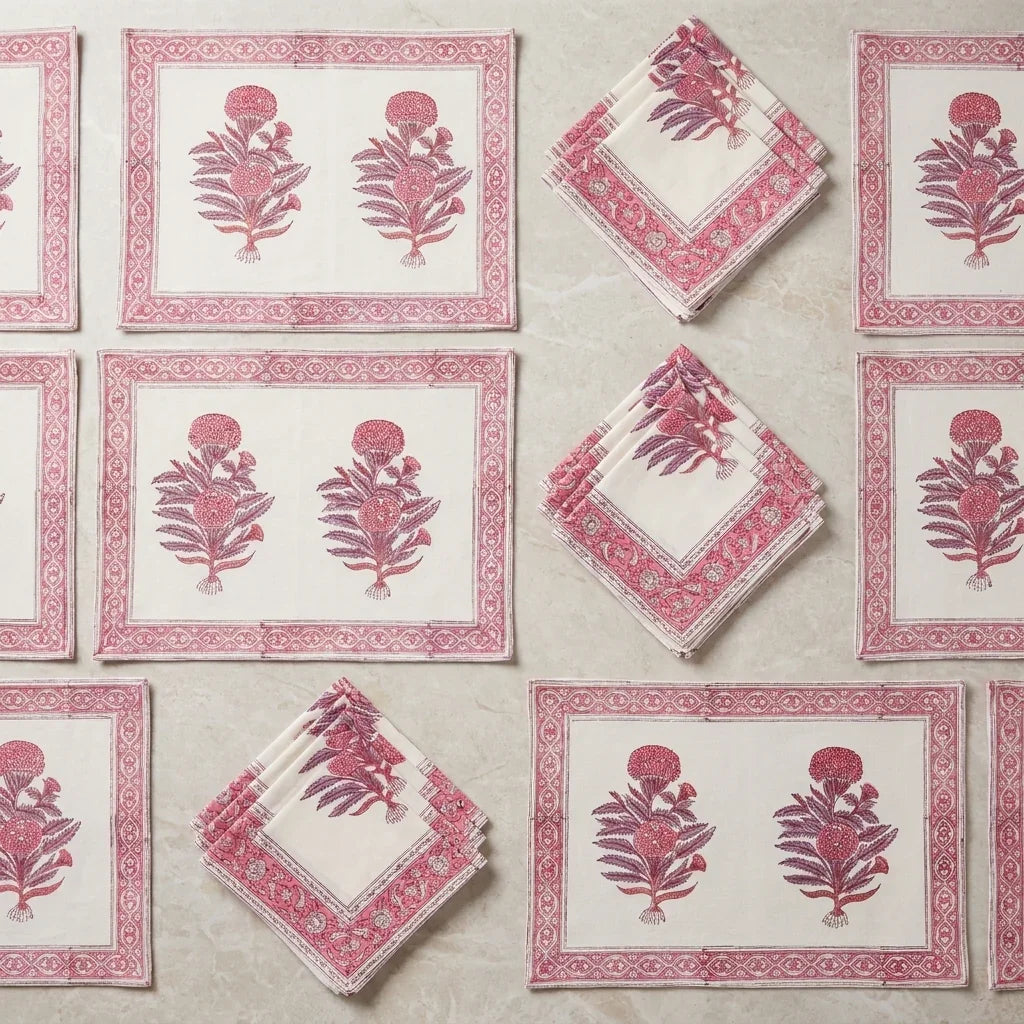 Vintage Magenta & Cream table mats and napkins set of 6 grid view | India natural colors hand block table runners napkins table mats Jaipur handmade aesthetics handicraft | House of Avana