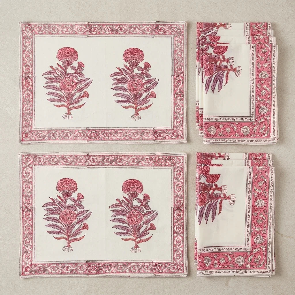 Vintage Magenta & Cream table mats and napkins set of 6 grid view | Jaipur handicraft aesthetics handmade table runners napkins table mats India natural colors hand block | House of Avana
