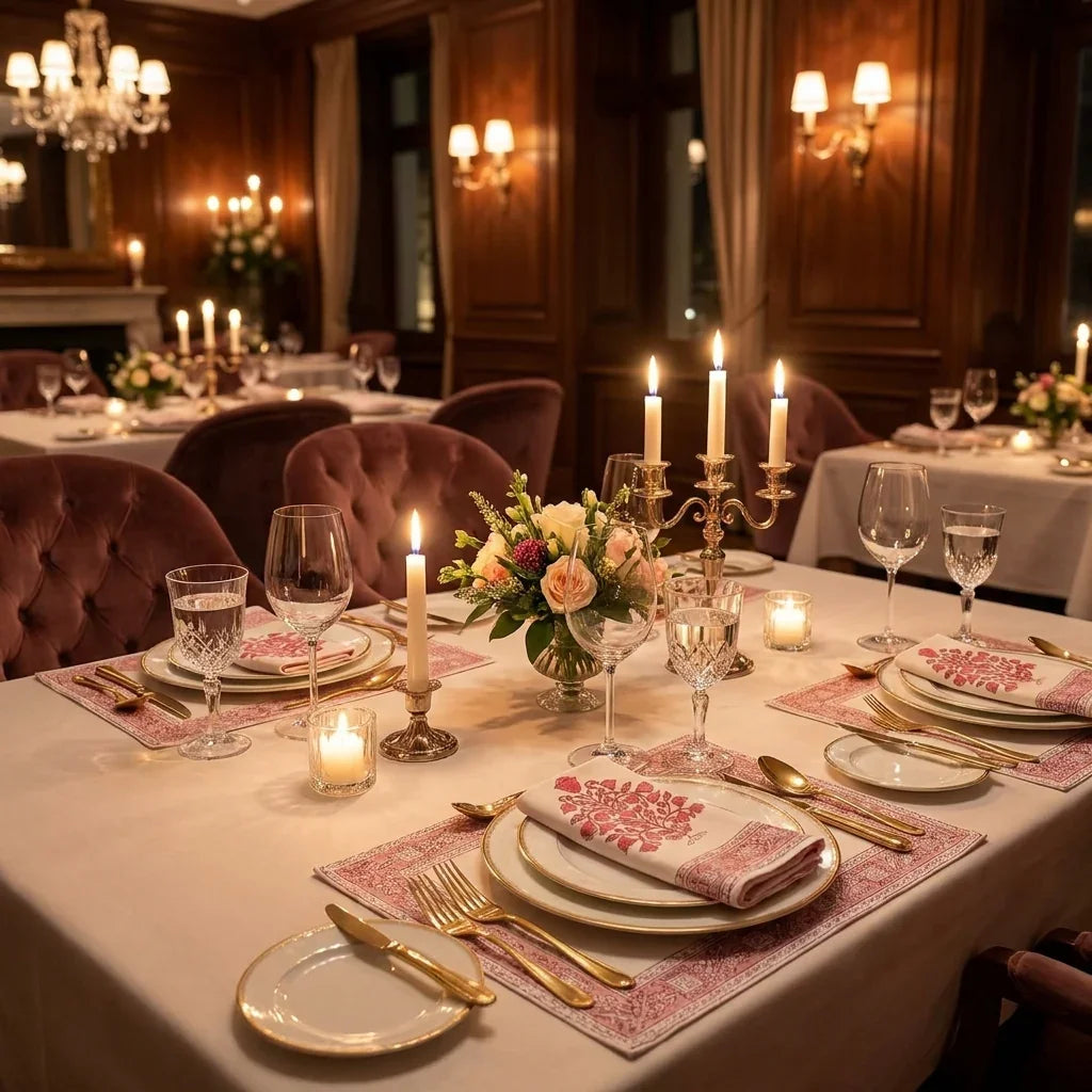 Vintage Magenta & Natural Linen table mats and napkins in candlelit restaurant setting | handmade Jaipur handicraft table runners table mats napkins hand block India natural colors aesthetics | House of Avana