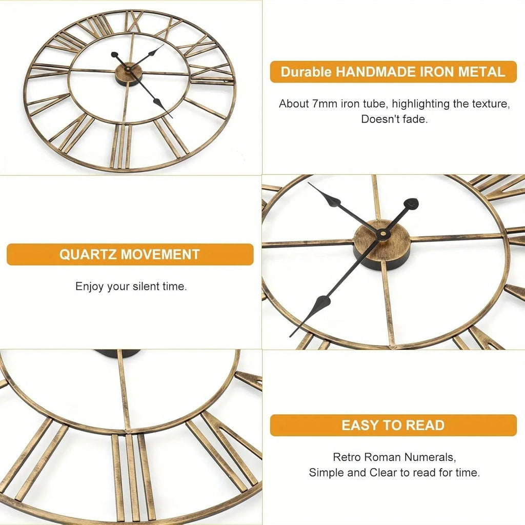 Wall Clock Vintage Retro Roman Numerals Silent Non-Ticking Metal Paint Industrial Vintage Metal Large Clock for Home Loft Living Room Bedroom Kitchen House Of Avana