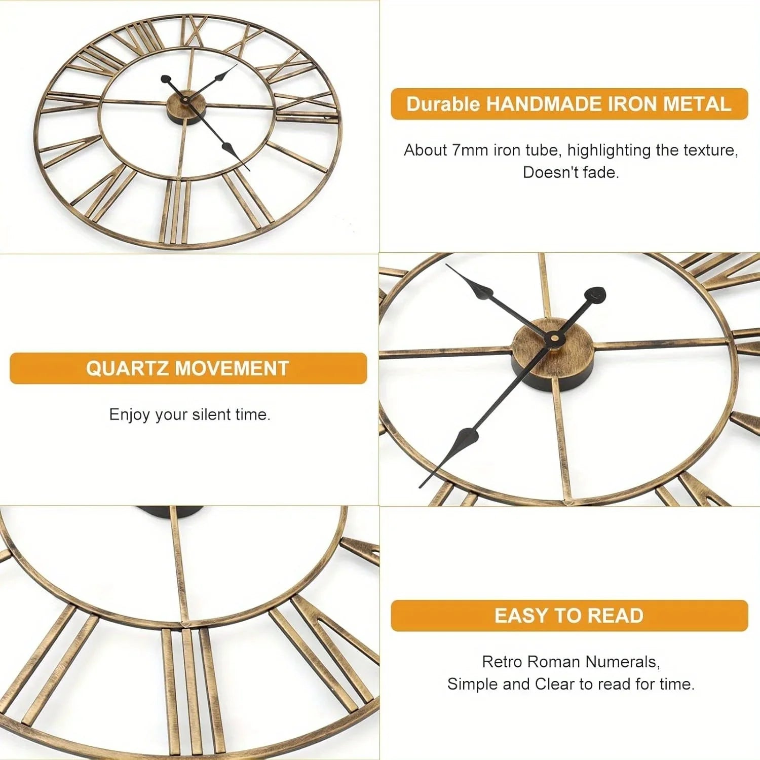 Wall Clock Vintage Retro Roman Numerals Silent Non-Ticking Metal Paint Industrial Vintage Metal Large Clock for Home Loft Living Room Bedroom Kitchen House Of Avana