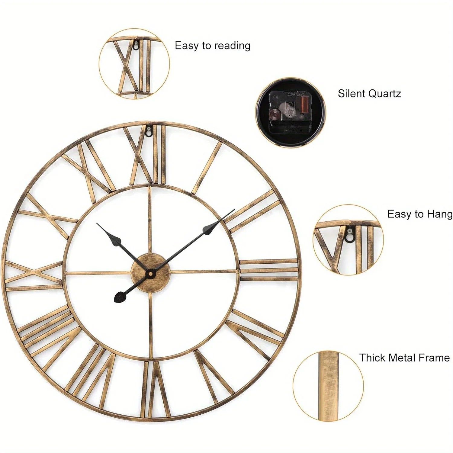 Wall Clock Vintage Retro Roman Numerals Silent Non-Ticking Metal Paint Industrial Vintage Metal Large Clock for Home Loft Living Room Bedroom Kitchen House Of Avana
