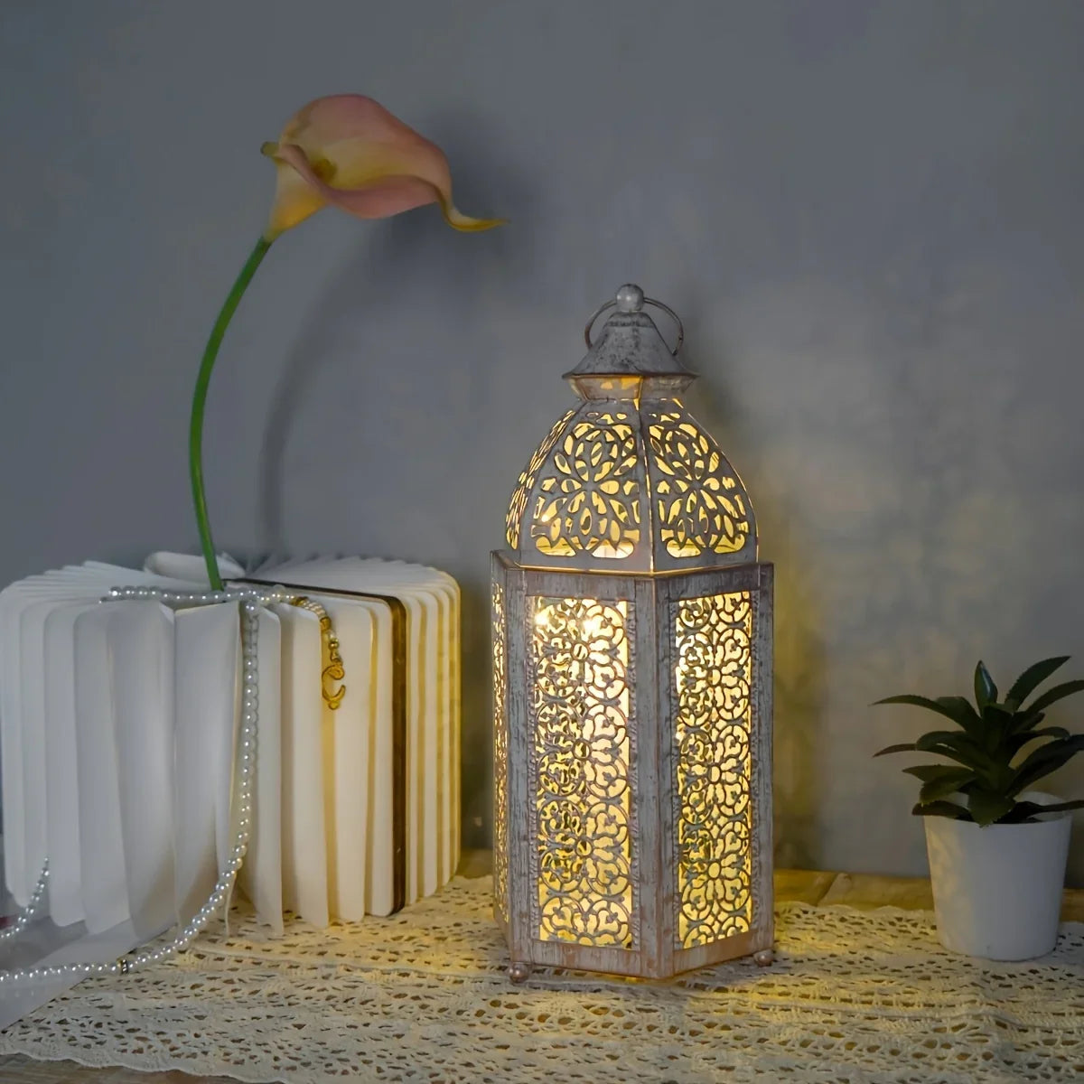1pc Moroccan Lantern - Battery-Powered (AAA Not Included) Vintage Metallic Finish, Elegant Islamic Home Decor for Ramadan, Eid, New Year, Weddings, Parties - Indoor/Outdoor Decoration with Warm Ambient Lighting - No Wiring Ne House Of Avana