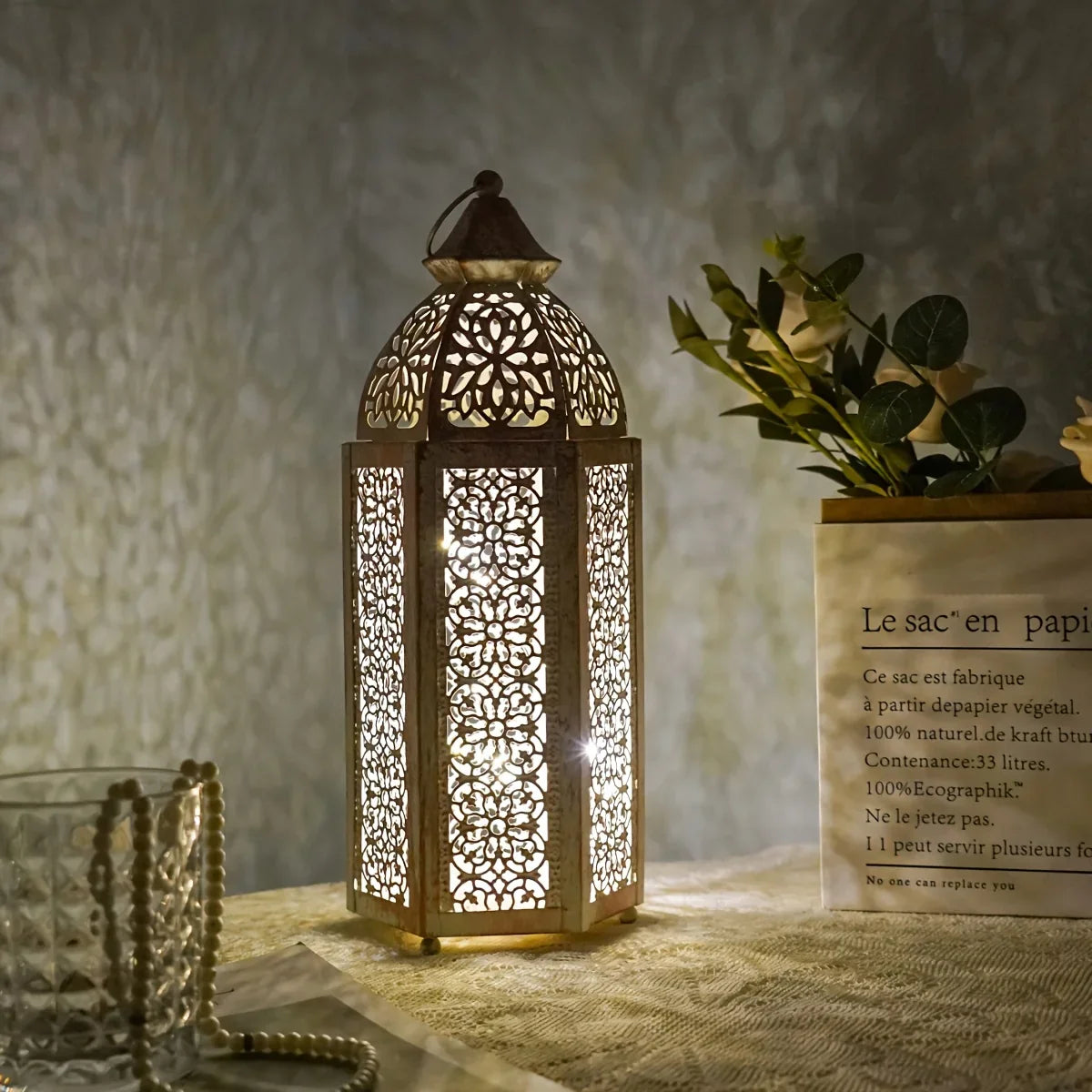 1pc Moroccan Lantern - Battery-Powered (AAA Not Included) Vintage Metallic Finish, Elegant Islamic Home Decor for Ramadan, Eid, New Year, Weddings, Parties - Indoor/Outdoor Decoration with Warm Ambient Lighting - No Wiring Ne House Of Avana