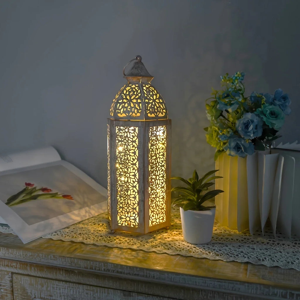 1pc Moroccan Lantern - Battery-Powered (AAA Not Included) Vintage Metallic Finish, Elegant Islamic Home Decor for Ramadan, Eid, New Year, Weddings, Parties - Indoor/Outdoor Decoration with Warm Ambient Lighting - No Wiring Ne House Of Avana