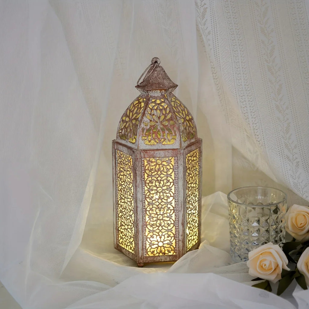 1pc Moroccan Lantern - Battery-Powered (AAA Not Included) Vintage Metallic Finish, Elegant Islamic Home Decor for Ramadan, Eid, New Year, Weddings, Parties - Indoor/Outdoor Decoration with Warm Ambient Lighting - No Wiring Ne House Of Avana
