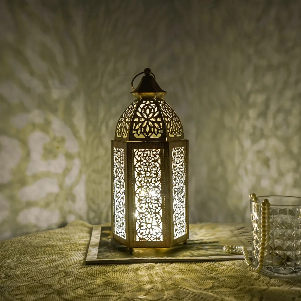 1pc Moroccan Lantern - Battery-Powered (AAA Not Included) Vintage Metallic Finish, Elegant Islamic Home Decor for Ramadan, Eid, New Year, Weddings, Parties - Indoor/Outdoor Decoration with Warm Ambient Lighting - No Wiring Ne House Of Avana