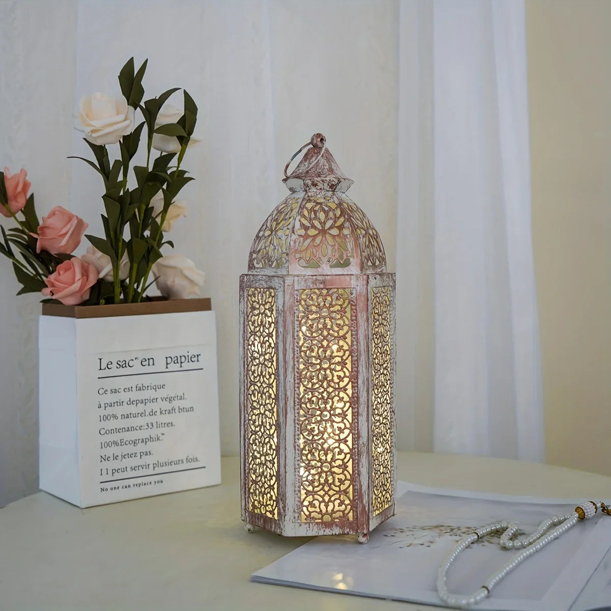 1pc Moroccan Lantern - Battery-Powered (AAA Not Included) Vintage Metallic Finish, Elegant Islamic Home Decor for Ramadan, Eid, New Year, Weddings, Parties - Indoor/Outdoor Decoration with Warm Ambient Lighting - No Wiring Ne House Of Avana