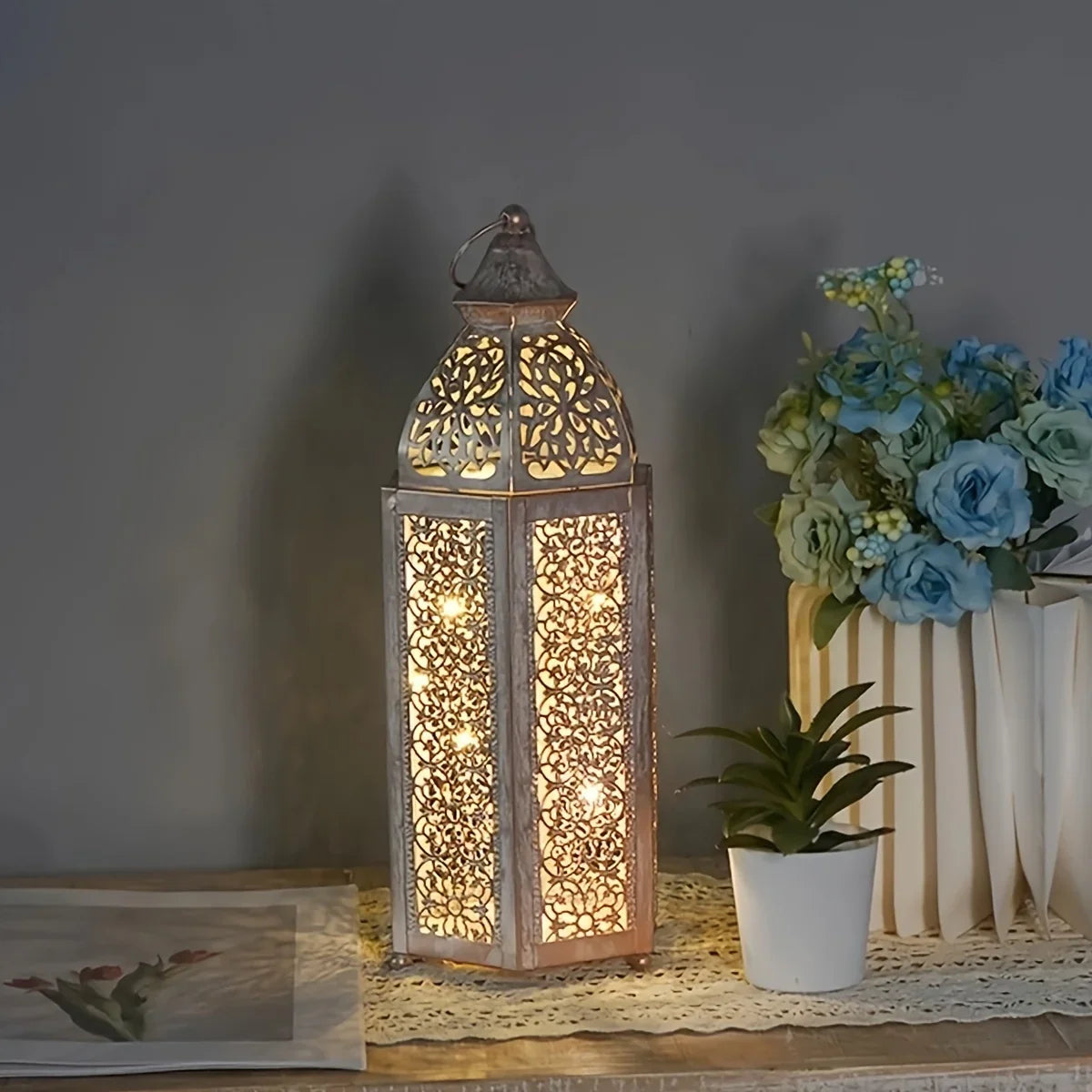 1pc Moroccan Lantern - Battery-Powered (AAA Not Included) Vintage Metallic Finish, Elegant Islamic Home Decor for Ramadan, Eid, New Year, Weddings, Parties - Indoor/Outdoor Decoration with Warm Ambient Lighting - No Wiring Ne House Of Avana