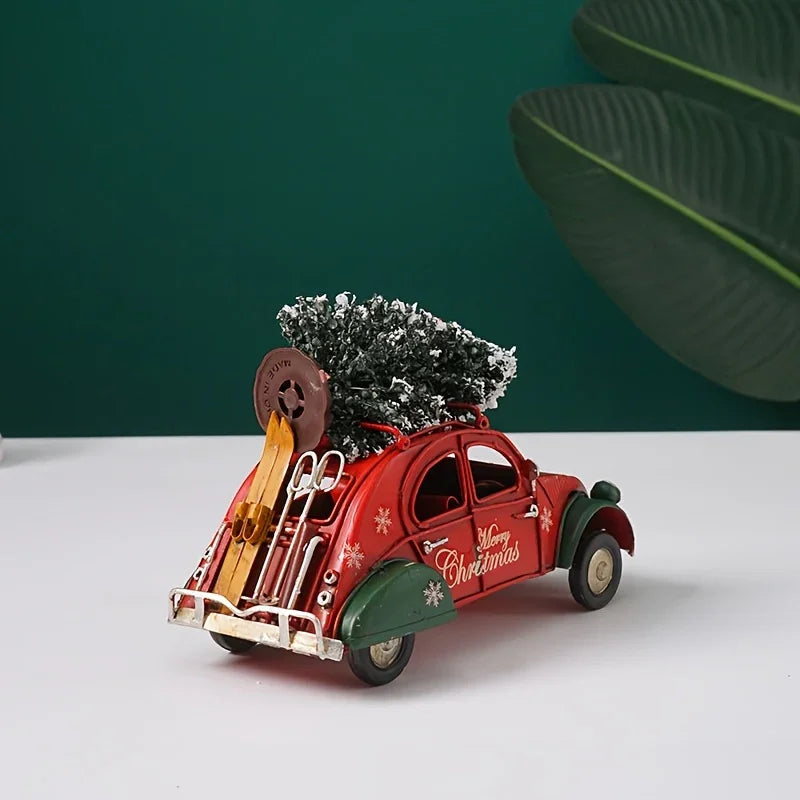 Vintage Red & Green Christmas Car Model with "Merry Christmas" Text - Iron Decorative Statue for Home, Living Room, Bedroom - No Electricity Needed, Christmas Decorations, Bedroom Decoration, Festive Decoration, Durable Decor House Of Avana