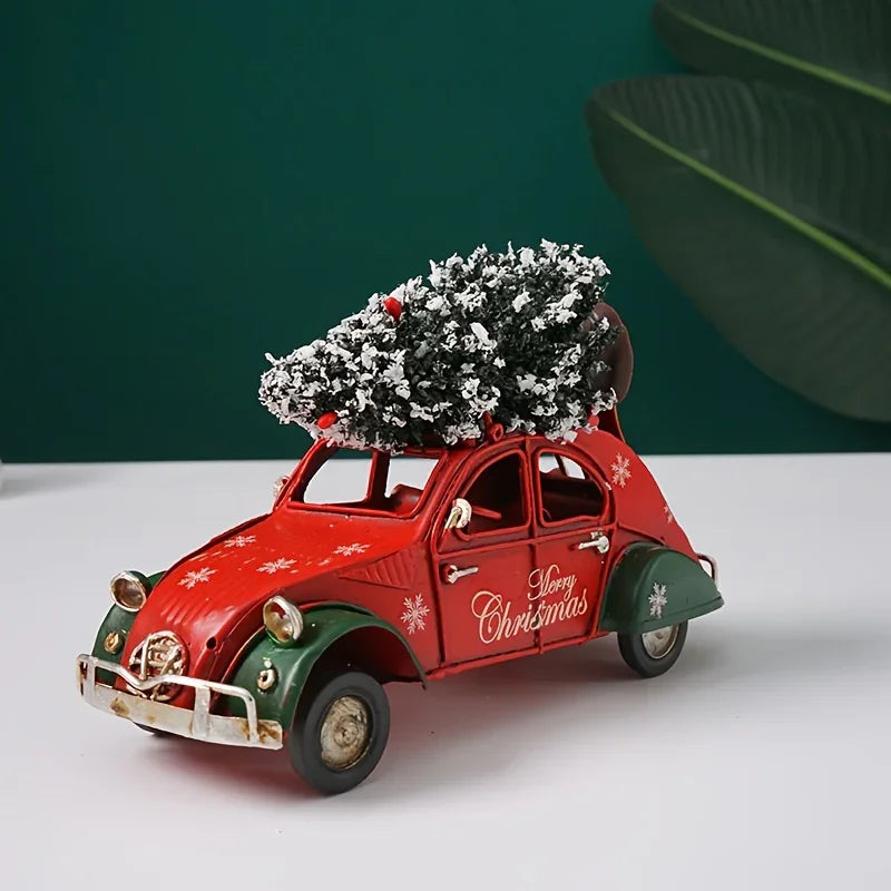 Vintage Red & Green Christmas Car Model with "Merry Christmas" Text - Iron Decorative Statue for Home, Living Room, Bedroom - No Electricity Needed, Christmas Decorations, Bedroom Decoration, Festive Decoration, Durable Decor House Of Avana