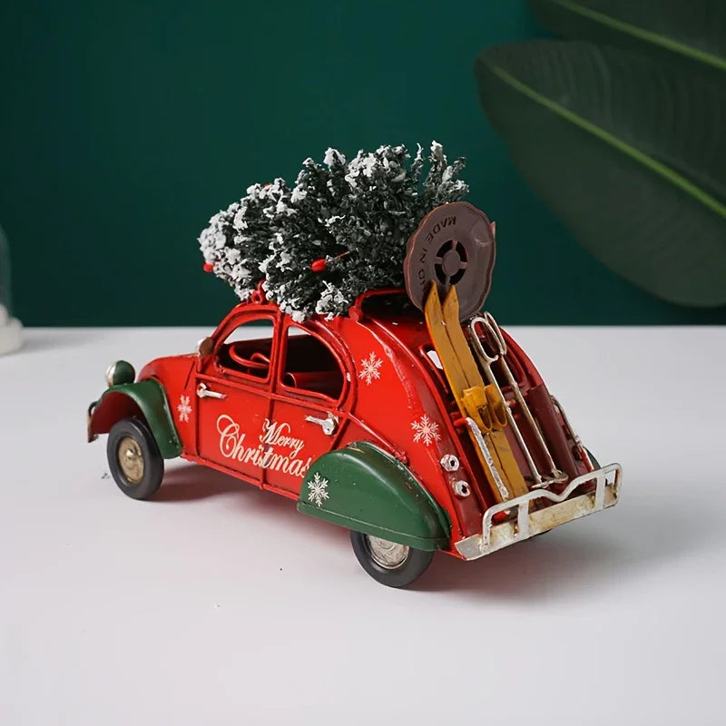 Vintage Red & Green Christmas Car Model with "Merry Christmas" Text - Iron Decorative Statue for Home, Living Room, Bedroom - No Electricity Needed, Christmas Decorations, Bedroom Decoration, Festive Decoration, Durable Decor House Of Avana