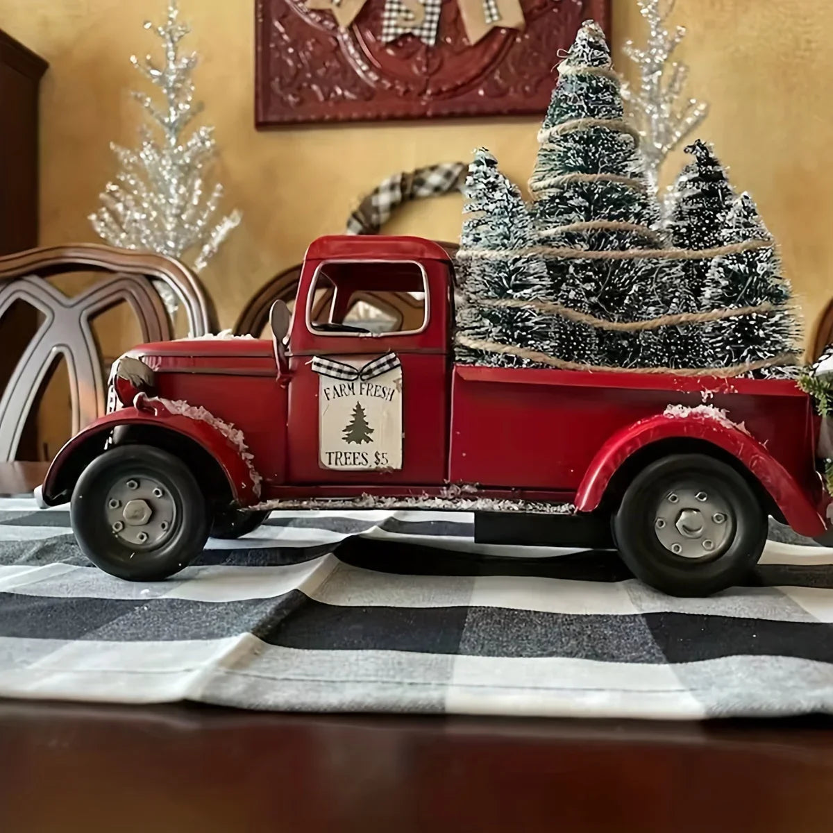 1pc Christmas Vintage Red Truck with Tree Figurine - Resin Collectible Tabletop Decor for Home & Holiday, Fashion Theme, Versatile Room Decor, Gift for Friends & Family House Of Avana