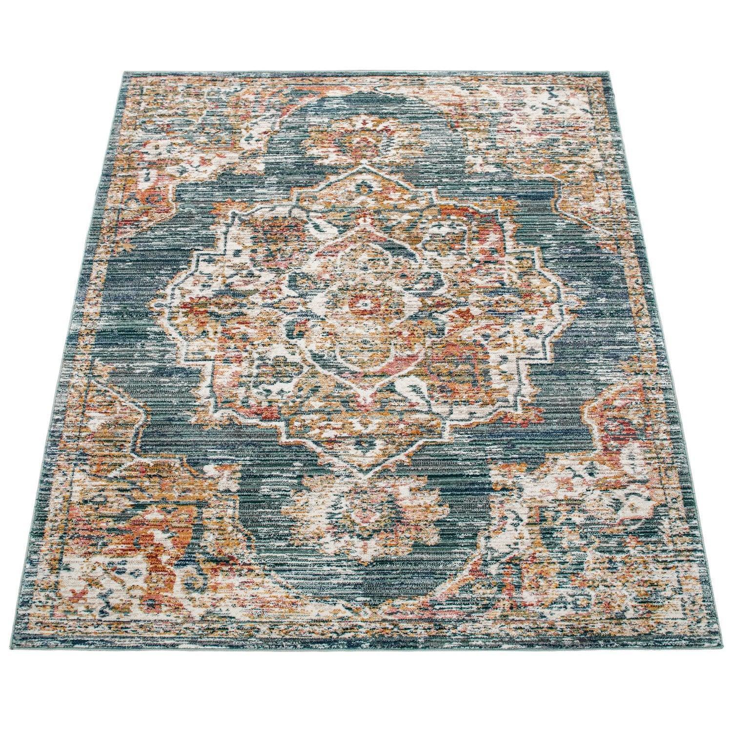 Vintage Rug Oriental Ornaments With Border Blue Green Multicolor RugYourHome