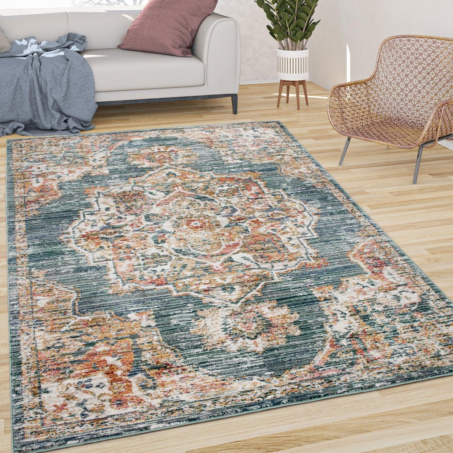 Vintage Rug Oriental Ornaments With Border Blue Green Multicolor RugYourHome