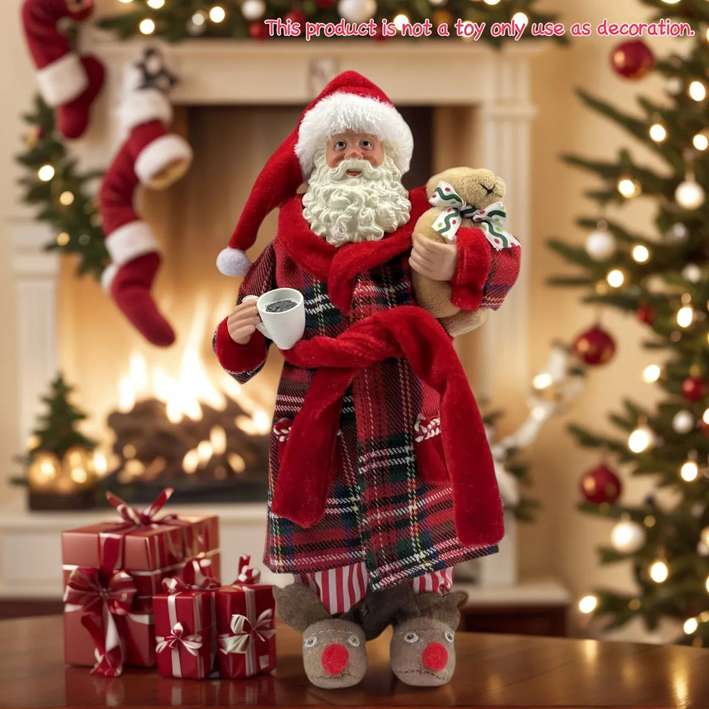 [Vintage Santa Claus Figurine] 1pc Vintage Christmas Santa Claus Figurine in Pajamas - 11" Polyester Holiday Decor with Red & Green Plaid, Teddy Bear & Coffee Cup, Indoor Decoration for Home, Kitchen, Parties - No Electricity House Of Avana