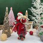[Vintage Santa Claus Figurine] 1pc Vintage Christmas Santa Claus Figurine in Pajamas - 11" Polyester Holiday Decor with Red & Green Plaid, Teddy Bear & Coffee Cup, Indoor Decoration for Home, Kitchen, Parties - No Electricity House Of Avana