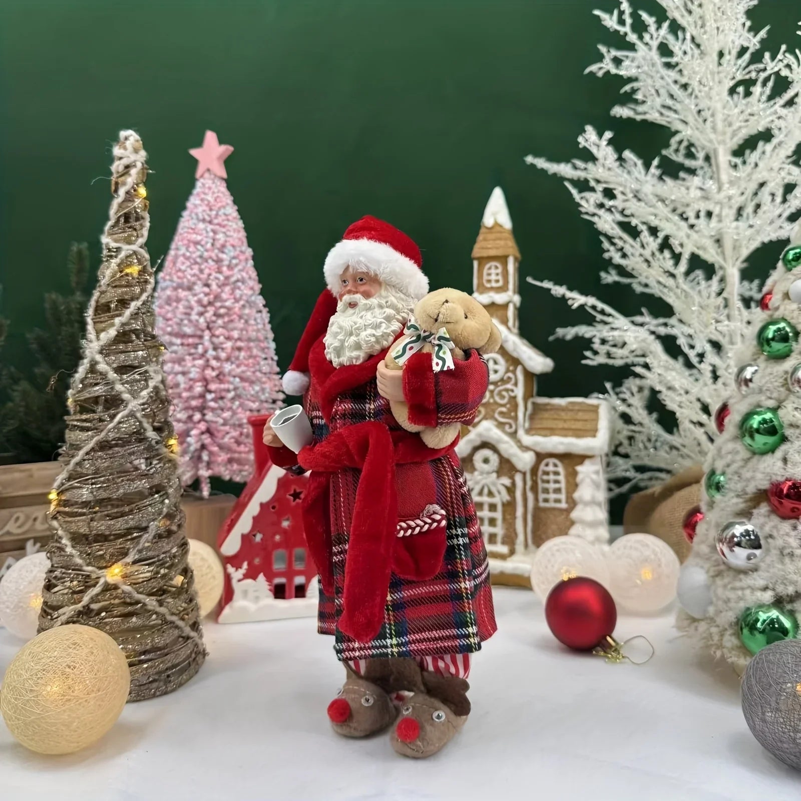 [Vintage Santa Claus Figurine] 1pc Vintage Christmas Santa Claus Figurine in Pajamas - 11" Polyester Holiday Decor with Red & Green Plaid, Teddy Bear & Coffee Cup, Indoor Decoration for Home, Kitchen, Parties - No Electricity House Of Avana