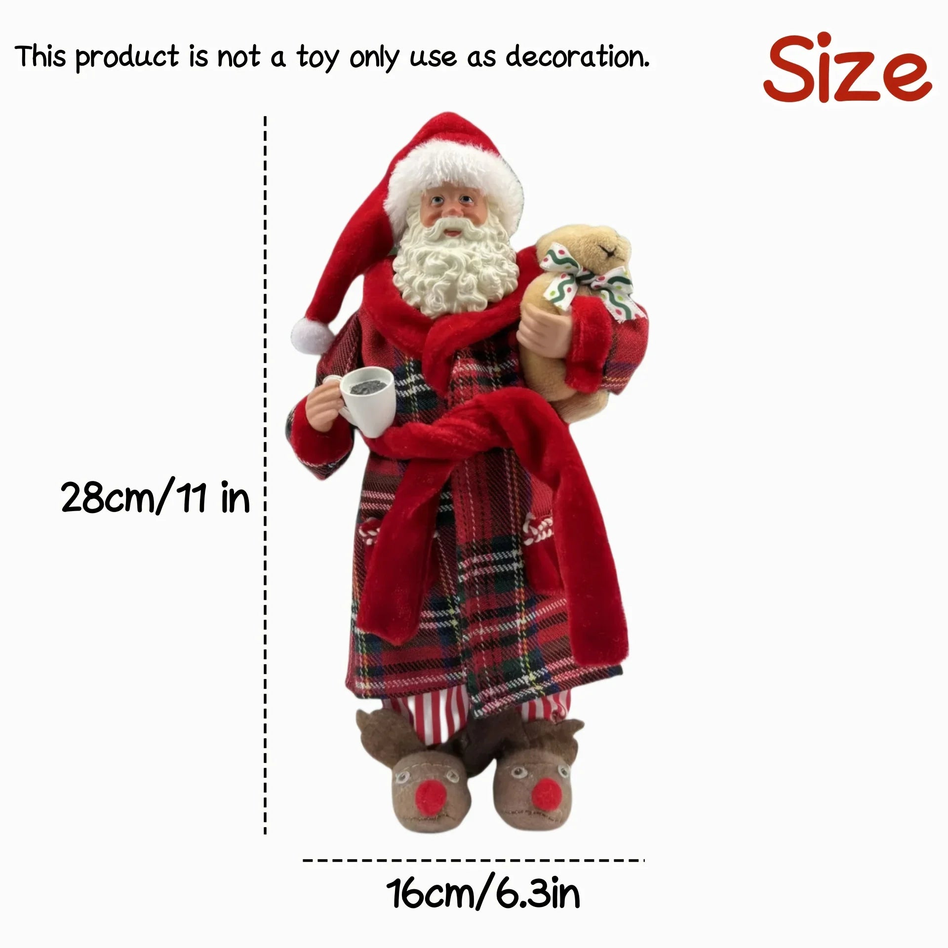 [Vintage Santa Claus Figurine] 1pc Vintage Christmas Santa Claus Figurine in Pajamas - 11" Polyester Holiday Decor with Red & Green Plaid, Teddy Bear & Coffee Cup, Indoor Decoration for Home, Kitchen, Parties - No Electricity House Of Avana