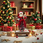 [Vintage Santa Claus Figurine] 1pc Vintage Christmas Santa Claus Figurine in Pajamas - 11" Polyester Holiday Decor with Red & Green Plaid, Teddy Bear & Coffee Cup, Indoor Decoration for Home, Kitchen, Parties - No Electricity House Of Avana