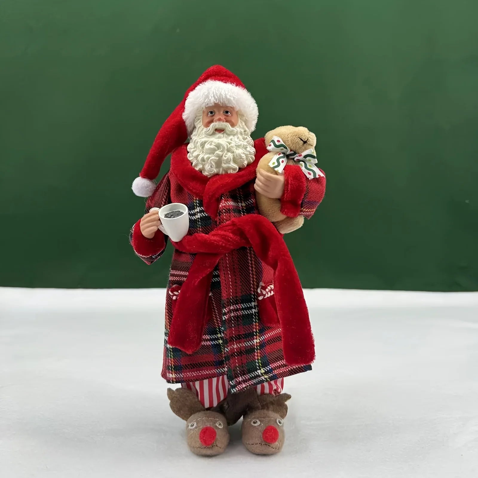 [Vintage Santa Claus Figurine] 1pc Vintage Christmas Santa Claus Figurine in Pajamas - 11" Polyester Holiday Decor with Red & Green Plaid, Teddy Bear & Coffee Cup, Indoor Decoration for Home, Kitchen, Parties - No Electricity House Of Avana