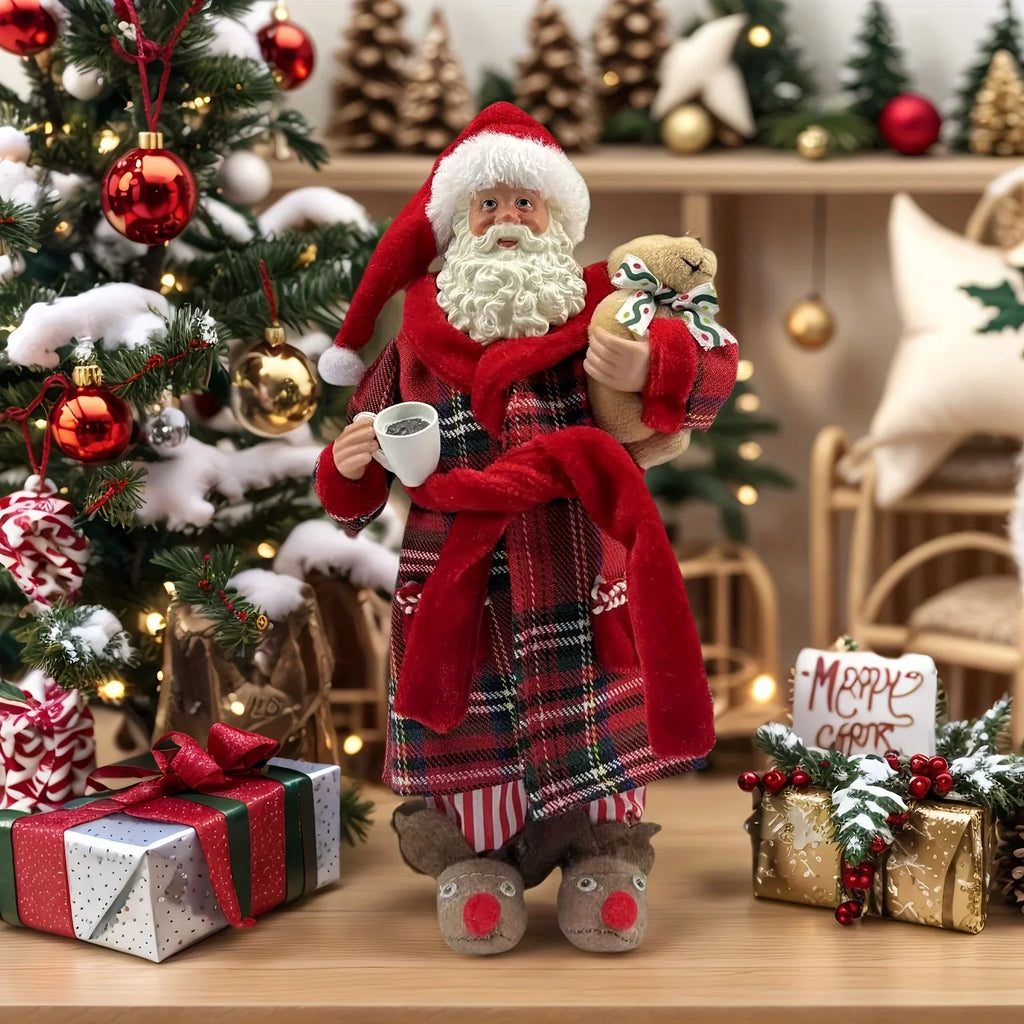 [Vintage Santa Claus Figurine] 1pc Vintage Christmas Santa Claus Figurine in Pajamas - 11" Polyester Holiday Decor with Red & Green Plaid, Teddy Bear & Coffee Cup, Indoor Decoration for Home, Kitchen, Parties - No Electricity House Of Avana