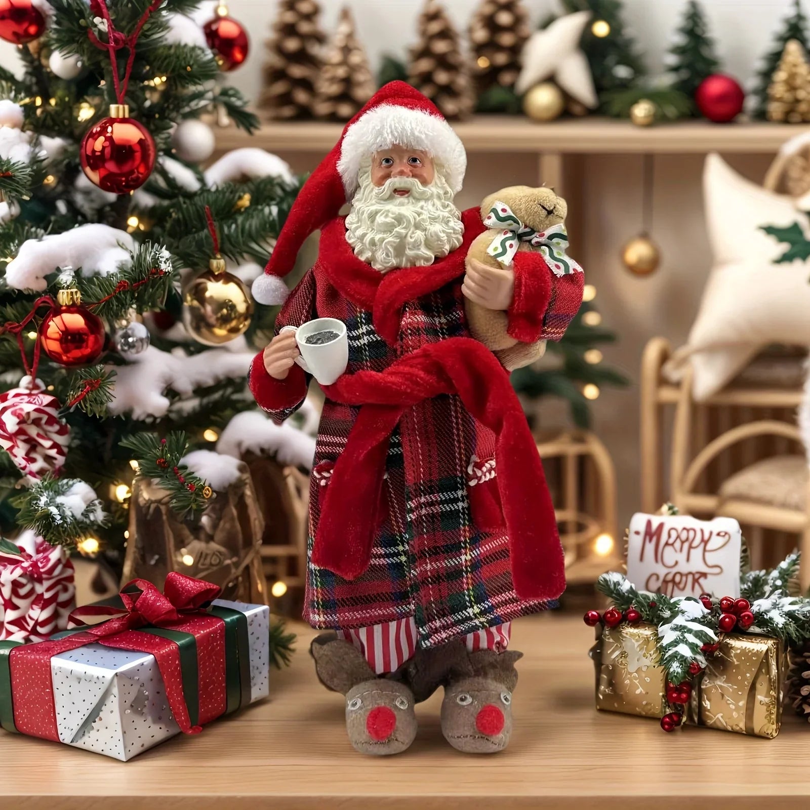 [Vintage Santa Claus Figurine] 1pc Vintage Christmas Santa Claus Figurine in Pajamas - 11" Polyester Holiday Decor with Red & Green Plaid, Teddy Bear & Coffee Cup, Indoor Decoration for Home, Kitchen, Parties - No Electricity House Of Avana