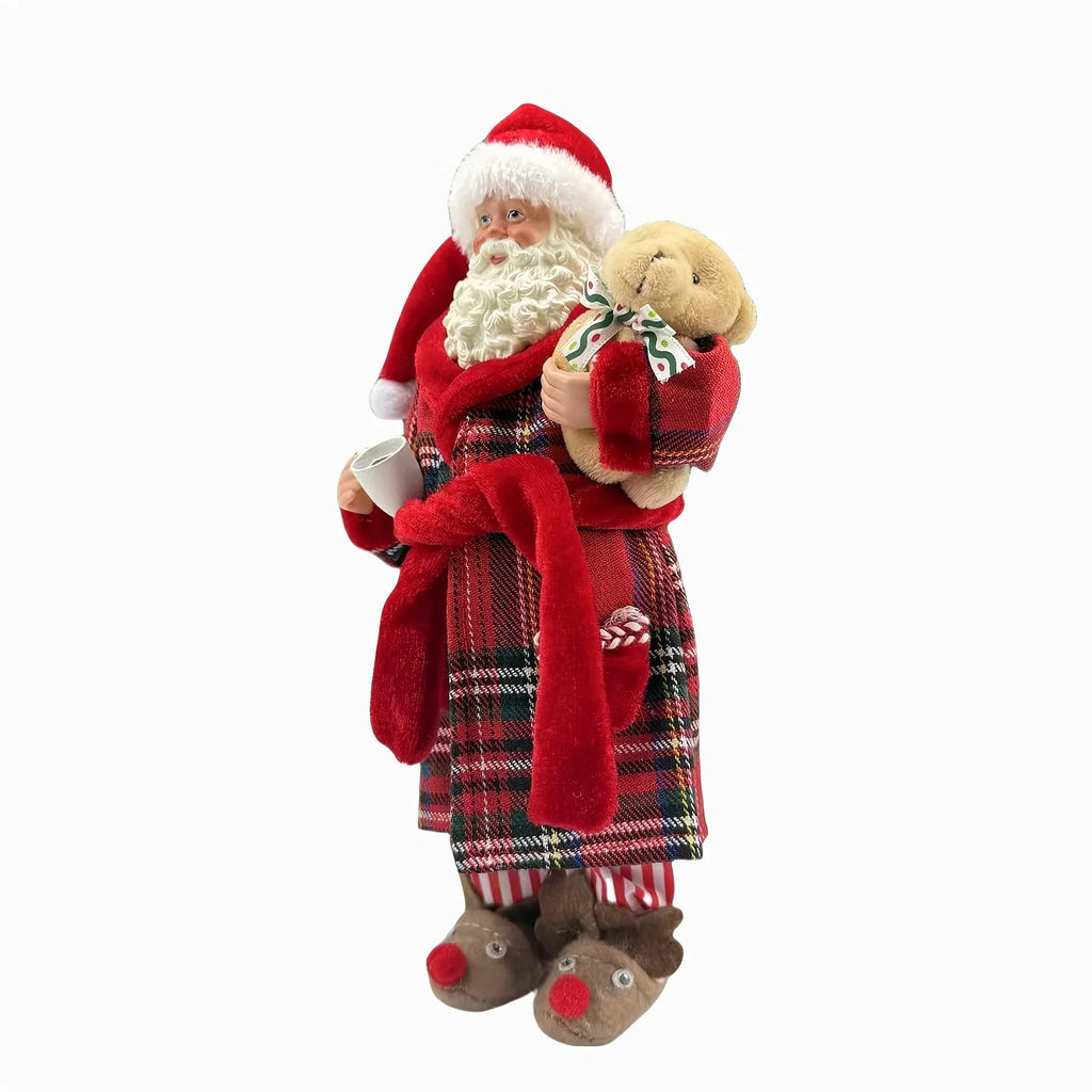 [Vintage Santa Claus Figurine] 1pc Vintage Christmas Santa Claus Figurine in Pajamas - 11" Polyester Holiday Decor with Red & Green Plaid, Teddy Bear & Coffee Cup, Indoor Decoration for Home, Kitchen, Parties - No Electricity House Of Avana