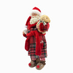 [Vintage Santa Claus Figurine] 1pc Vintage Christmas Santa Claus Figurine in Pajamas - 11" Polyester Holiday Decor with Red & Green Plaid, Teddy Bear & Coffee Cup, Indoor Decoration for Home, Kitchen, Parties - No Electricity House Of Avana