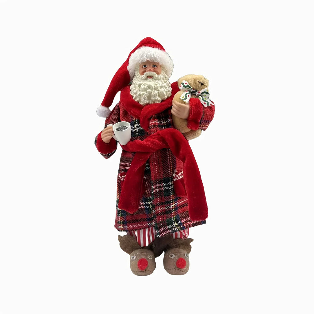 [Vintage Santa Claus Figurine] 1pc Vintage Christmas Santa Claus Figurine in Pajamas - 11" Polyester Holiday Decor with Red & Green Plaid, Teddy Bear & Coffee Cup, Indoor Decoration for Home, Kitchen, Parties - No Electricity House Of Avana