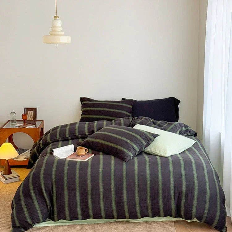 Vintage Striped Washed Cotton Bedding Set / Black & Green Ever Lasting