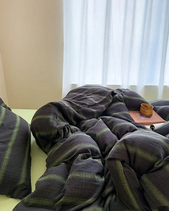 Vintage Striped Washed Cotton Bedding Set / Black & Green Ever Lasting