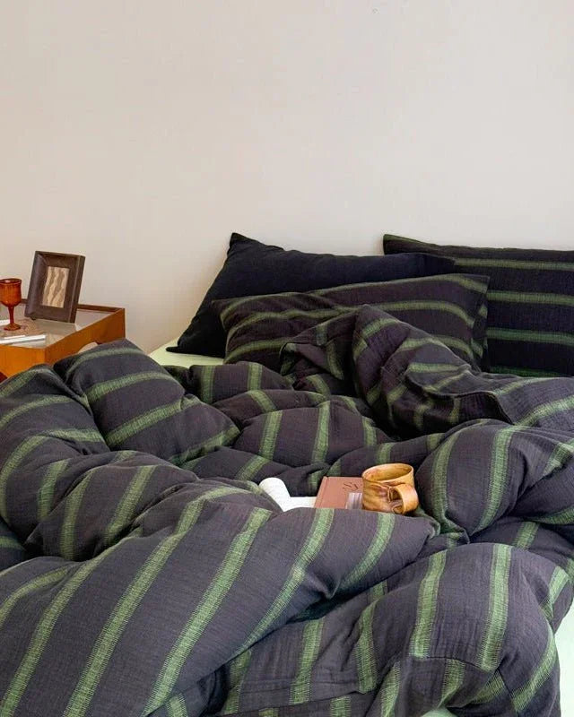Vintage Striped Washed Cotton Bedding Set / Black & Green Ever Lasting