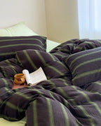 Vintage Striped Washed Cotton Bedding Set / Black & Green Ever Lasting