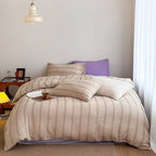 Vintage Striped Washed Cotton Bedding Set / Khaki & Purple Ever Lasting