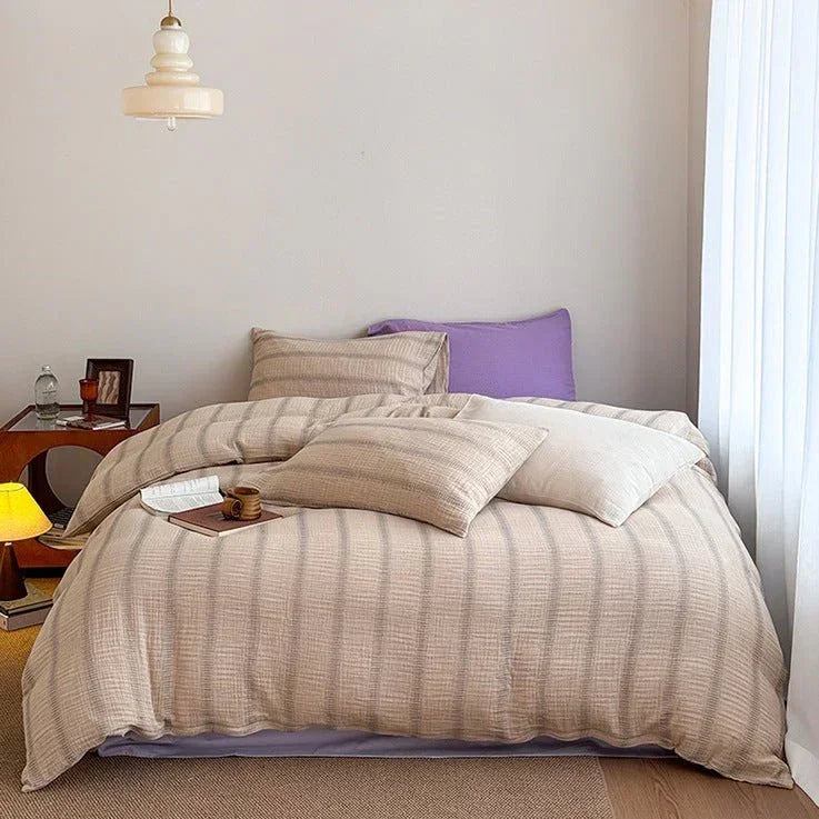 Vintage Striped Washed Cotton Bedding Set / Khaki & Purple Ever Lasting