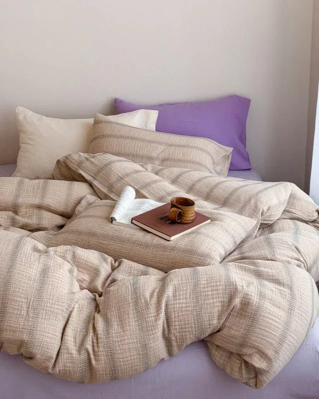 Vintage Striped Washed Cotton Bedding Set / Khaki & Purple Ever Lasting