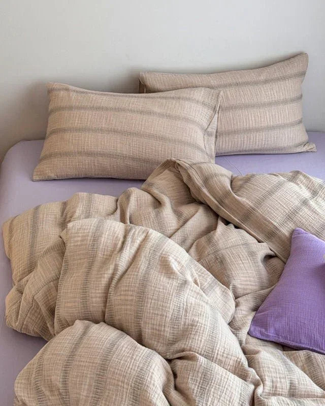 Vintage Striped Washed Cotton Bedding Set / Khaki & Purple Ever Lasting
