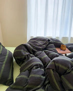Vintage Striped Washed Cotton Bedding Set / Khaki & Purple Ever Lasting