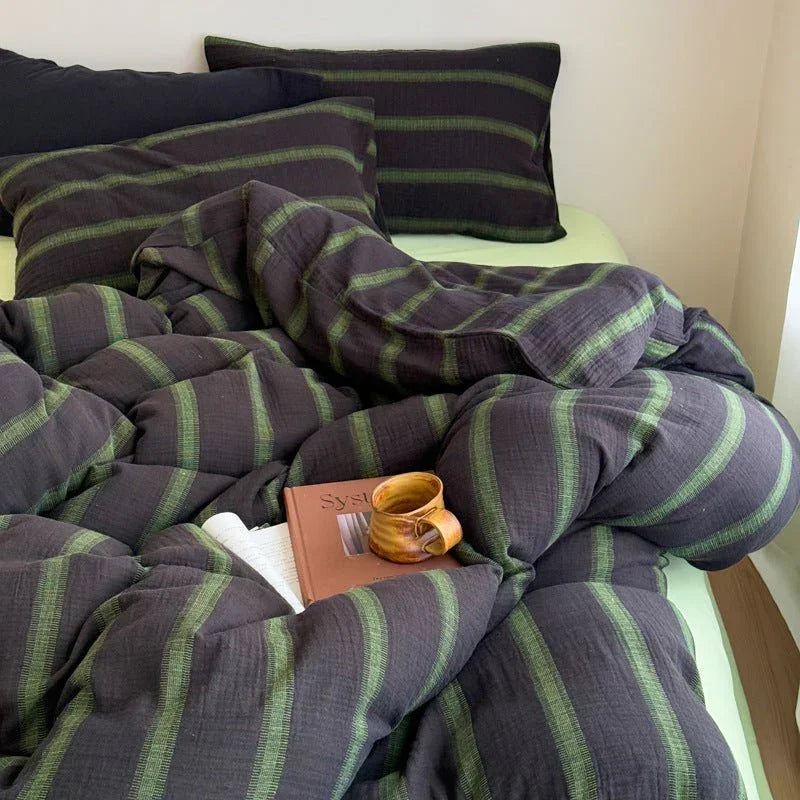 Vintage Striped Washed Cotton Bedding Set / Khaki & Purple Ever Lasting