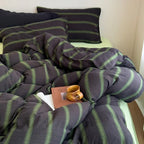 Vintage Striped Washed Cotton Bedding Set / Khaki & Purple Ever Lasting