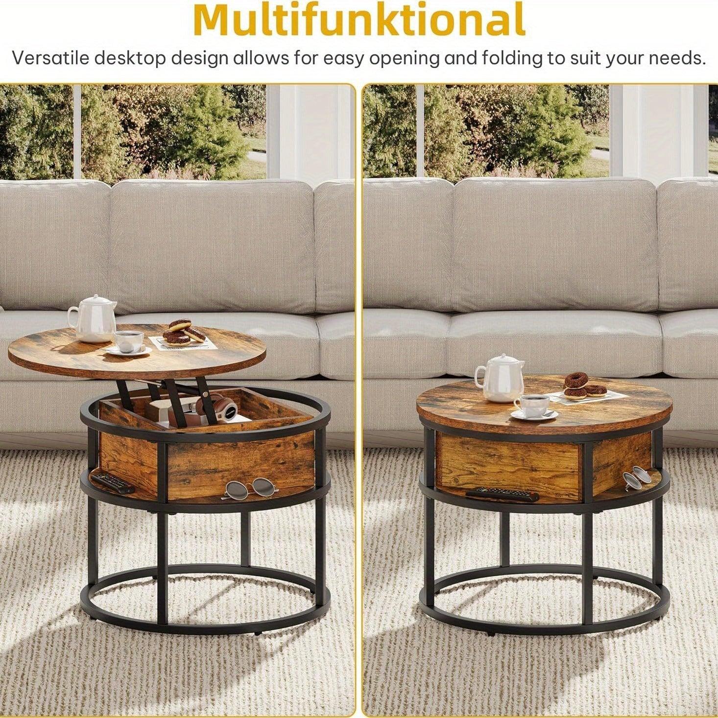 Vintage-Style 60cm Round Coffee Table with Adjustable Height, Lift-Top Storage Design, and Softwood Top - Black, Multi-Functional Space-Saving Furniture for Living Room or Office, Coffee Table Decor House Of Avana