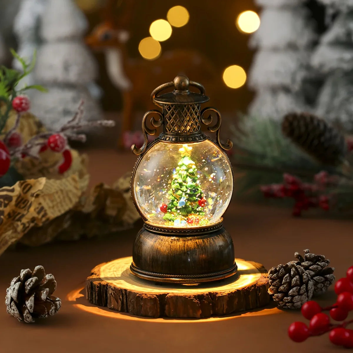 1pc Vintage-Style USB-Powered Glowing Snowfall & Music Box with Rotating Dome Lid - Self-Lit Resin/PC Ornament, Water-Filled Centerpiece with Twinkling Lights, Battery-Free Operation (USB Plug-in) - Christmas Tree & Home Deco House Of Avana