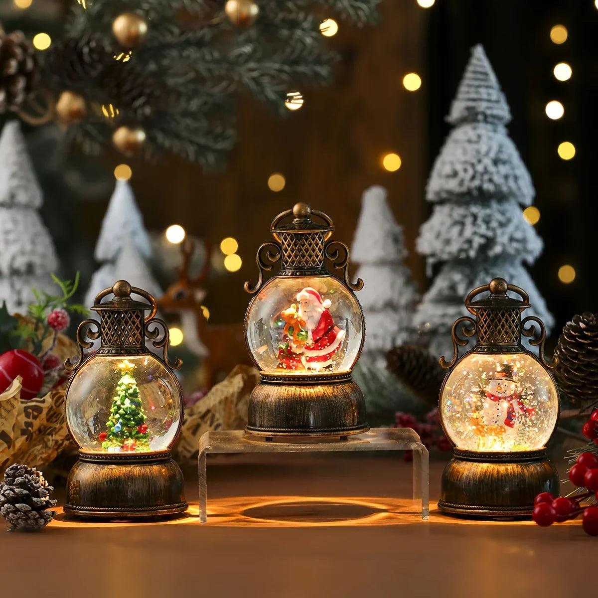 1pc Vintage-Style USB-Powered Glowing Snowfall & Music Box with Rotating Dome Lid - Self-Lit Resin/PC Ornament, Water-Filled Centerpiece with Twinkling Lights, Battery-Free Operation (USB Plug-in) - Christmas Tree & Home Deco House Of Avana