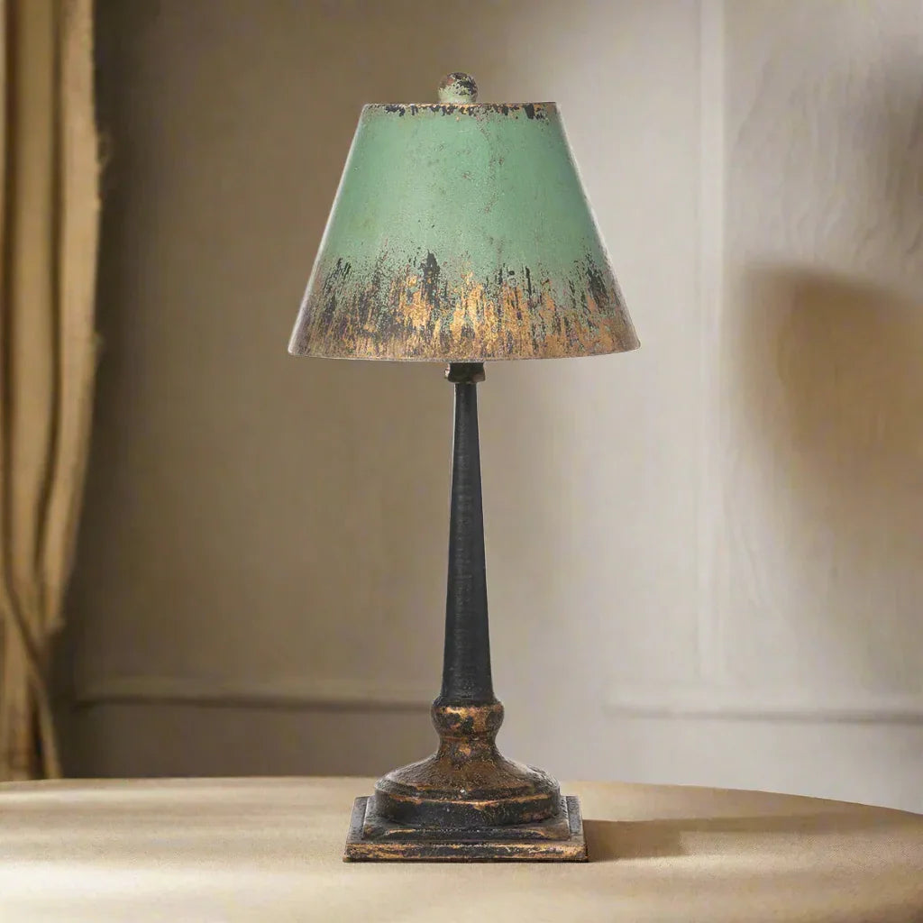 Vintage Table Lamp with Distressed Green and Gold Shade Vintage Shopper