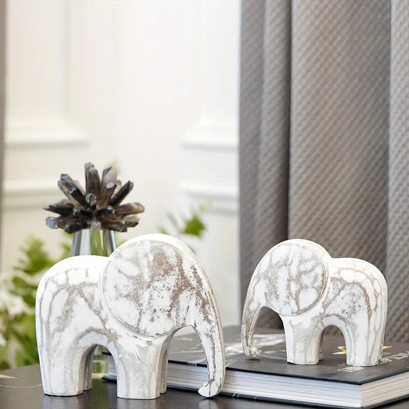 Vintage White Elephant Figurines - Wooden Travel Theme Decorative Statues for Various Room Types, Indoor Use, No Electricity Required House Of Avana